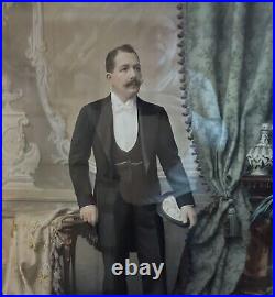 Extra Large Antique 1901 Hand Painted Photograph Of A Gentleman From Vienna
