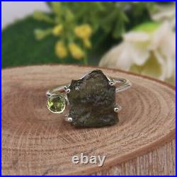 Raw Moldavite Healing Crystal Gemstone Sterling Silver Ring From Czech Republic