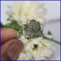 Raw Moldavite Healing Crystal Gemstone Sterling Silver Ring From Czech Republic
